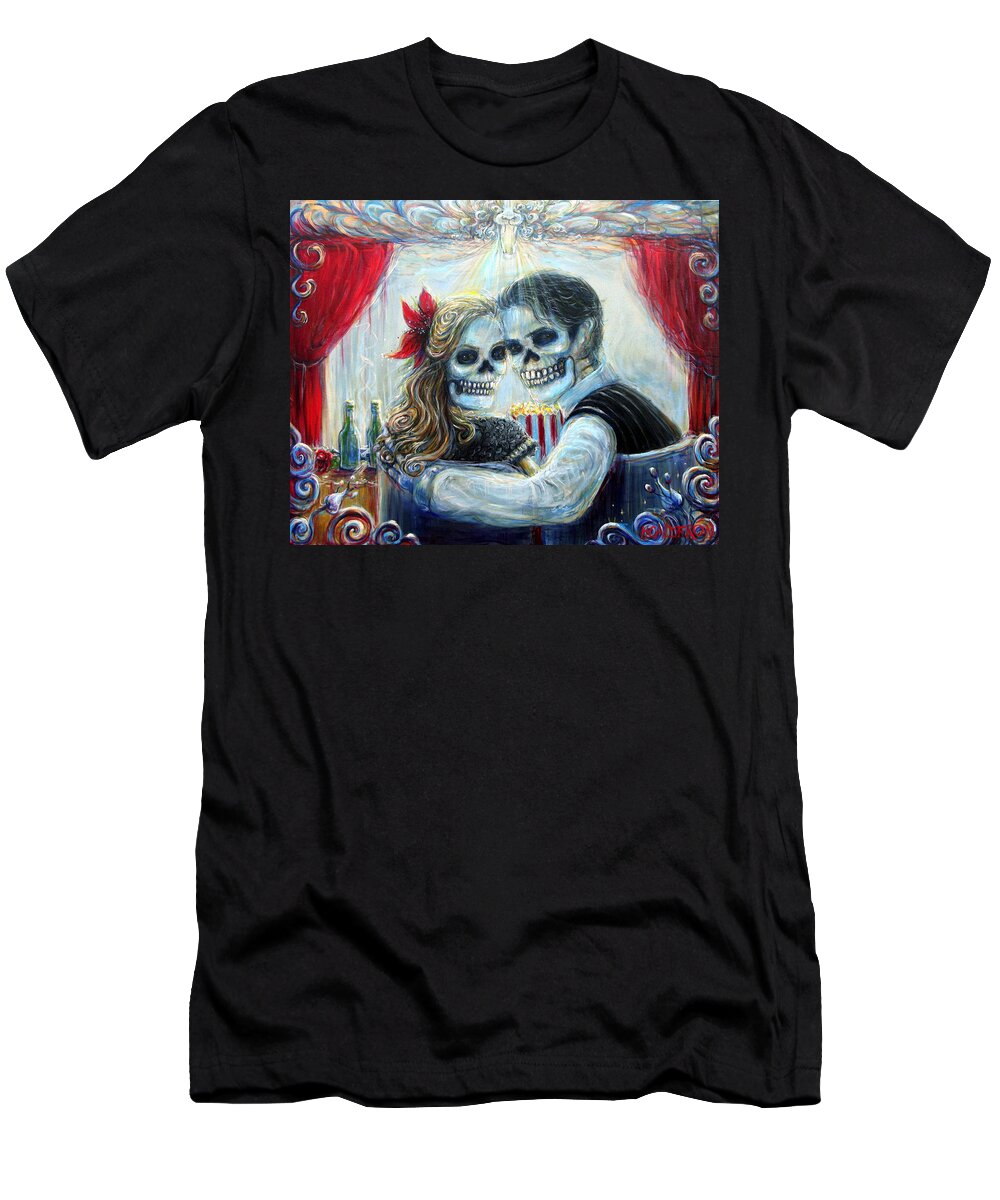 Skeletons T-Shirt featuring the painting El Cine by Heather Calderon