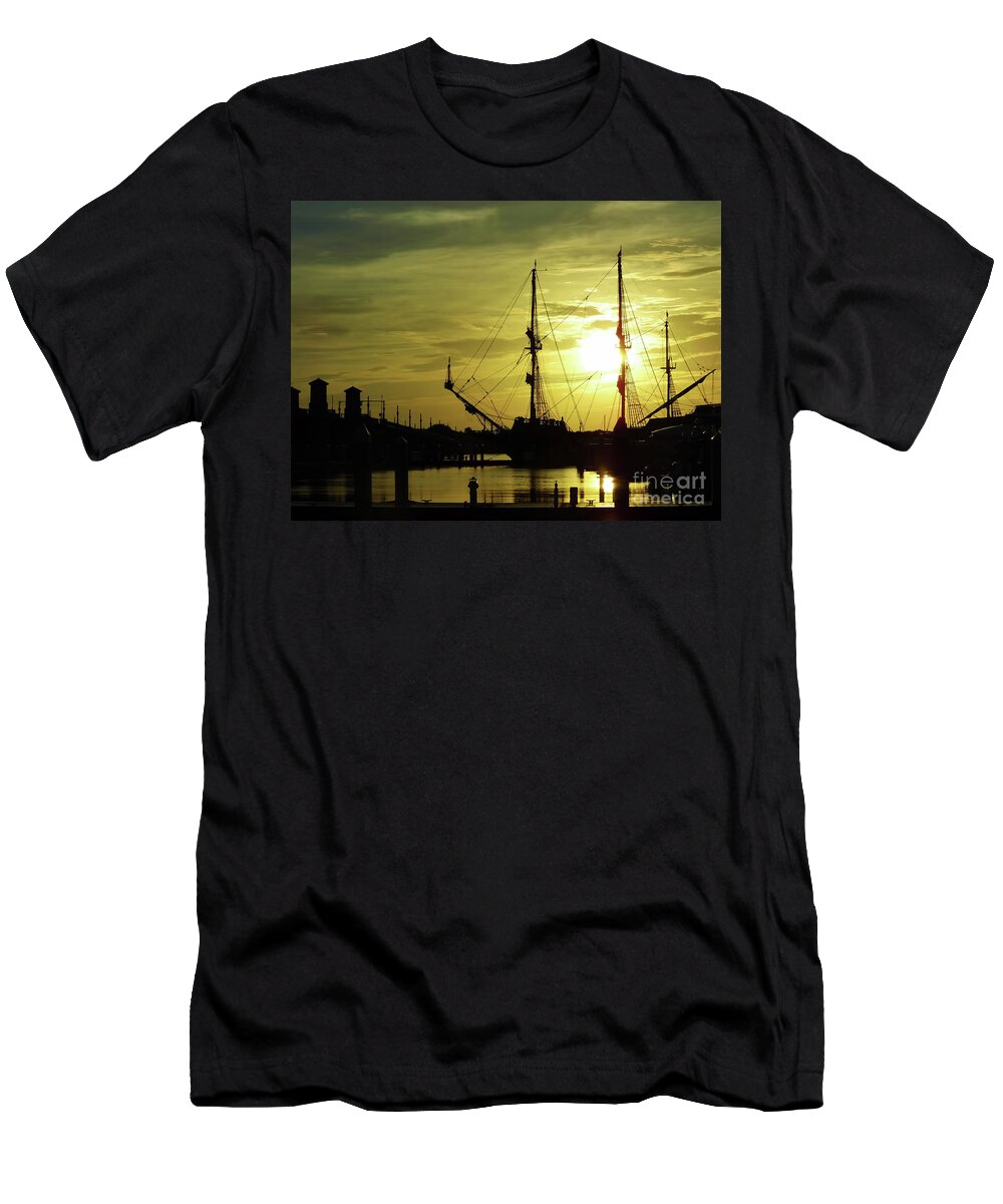 Sunrise T-Shirt featuring the photograph El Galeon At The Bridge of Lions Sunrise by D Hackett