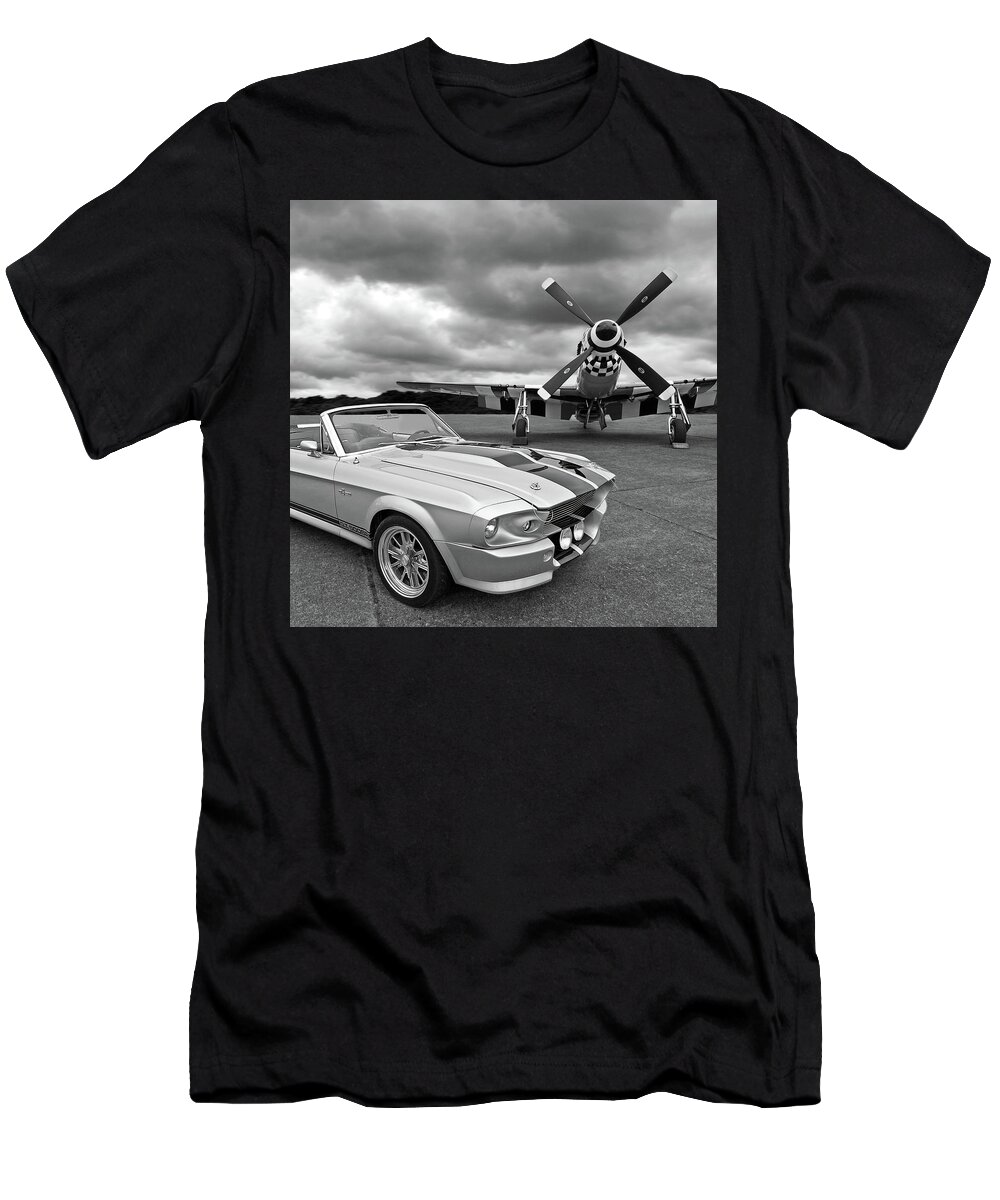 Mustang T-Shirt featuring the photograph Eleanor Mustang with P51 Black and White by Gill Billington