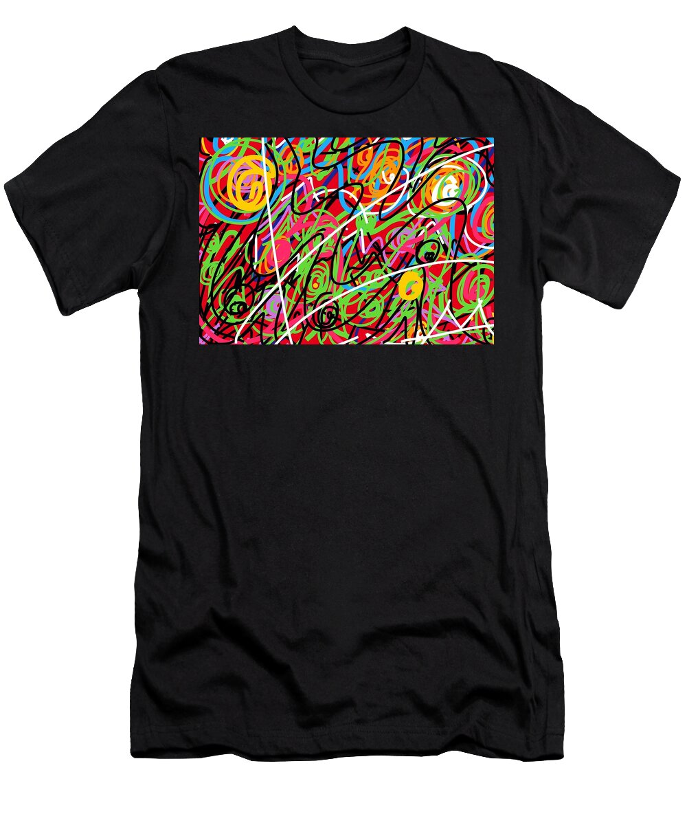 Abstract Modern Contemporary Manic Energy Circles Of Color Frenzy Of Motion Unison And Independent Interpretive Imagination Red Black Blue Yellow White Control Green Emotions Ballet Celebration T-Shirt featuring the digital art Energy Burst Ballet by Alida M Haslett