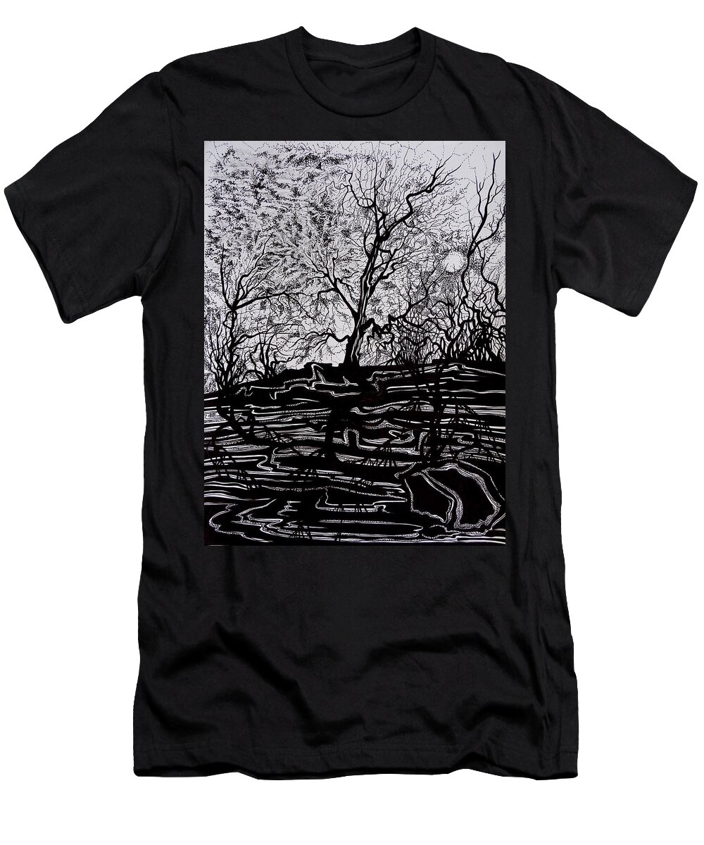 Pen And Ink T-Shirt featuring the drawing Evening Sun of Waterton by Anna Duyunova