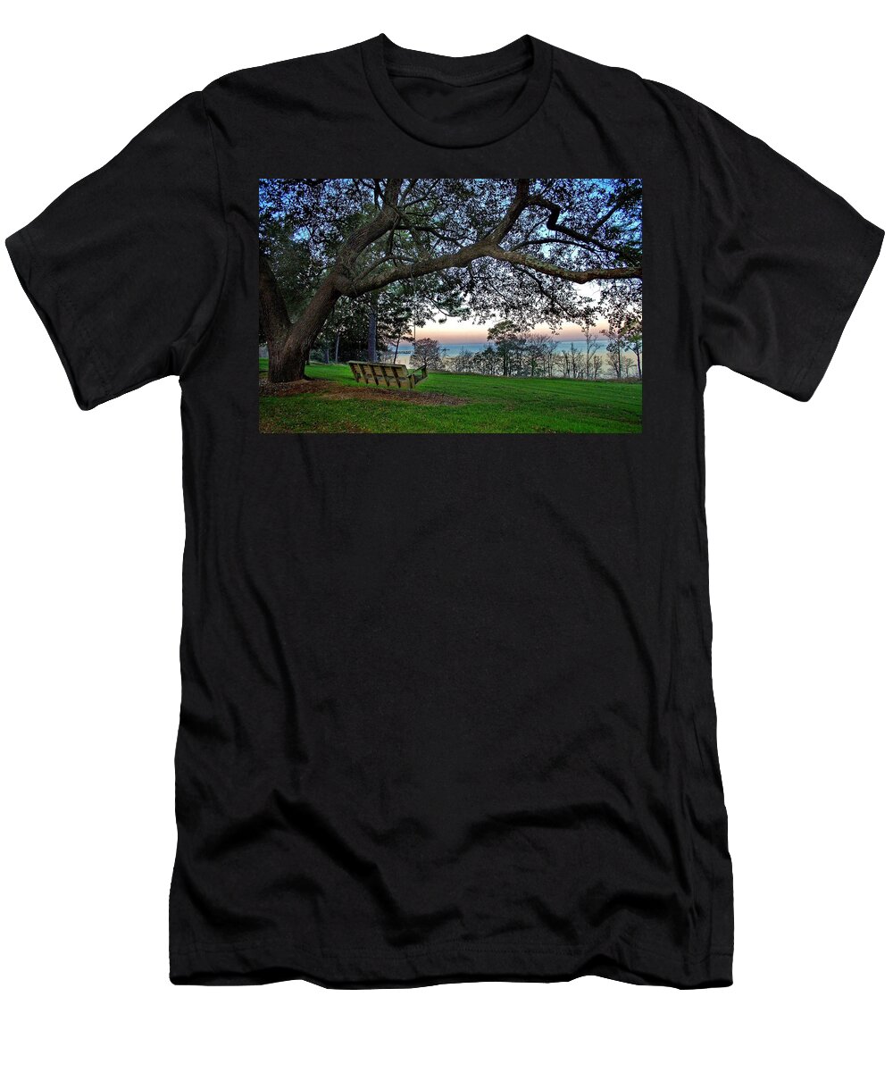 Fairhope T-Shirt featuring the painting Fairhope Swing on the Bay by Michael Thomas