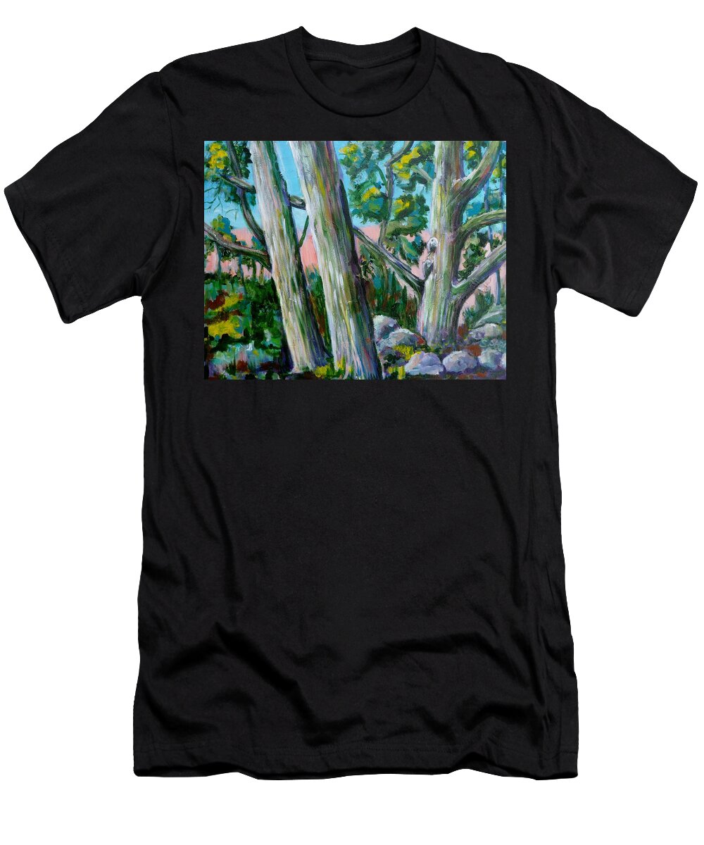 Fence T-Shirt featuring the painting Fence-line trees by Saga Sabin