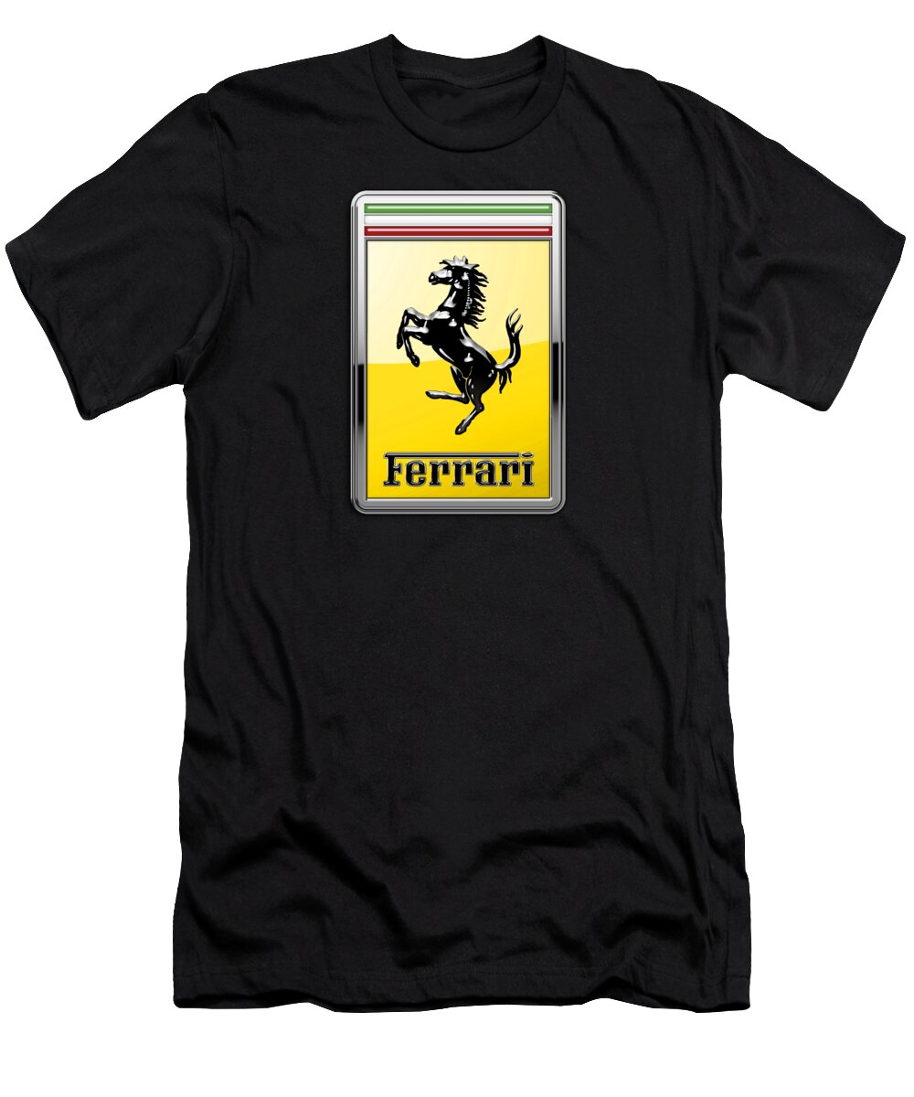 �auto Badges� Collection By Serge Averbukh T-Shirt featuring the photograph Ferrari 3D Badge- Hood Ornament on Black by Serge Averbukh