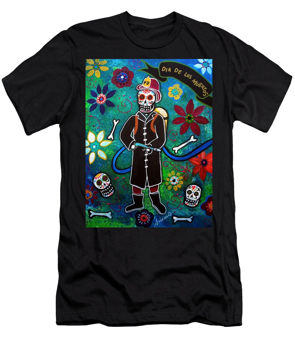 Dia T-Shirt featuring the painting Firefighter Day Of The Dead by Pristine Cartera Turkus