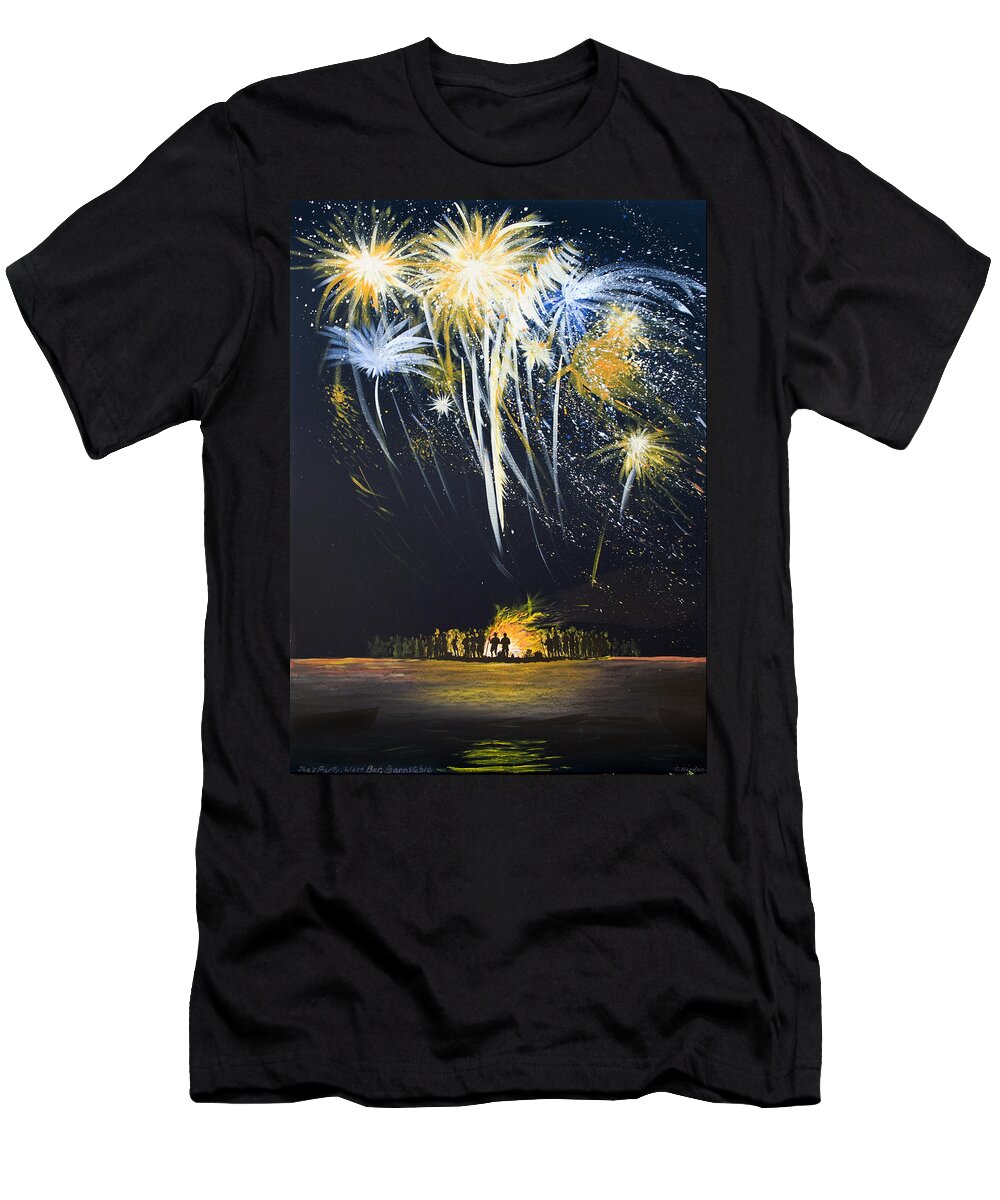 Fireworks T-Shirt featuring the painting Fireworks Bonfire on the West bar by Charles Harden