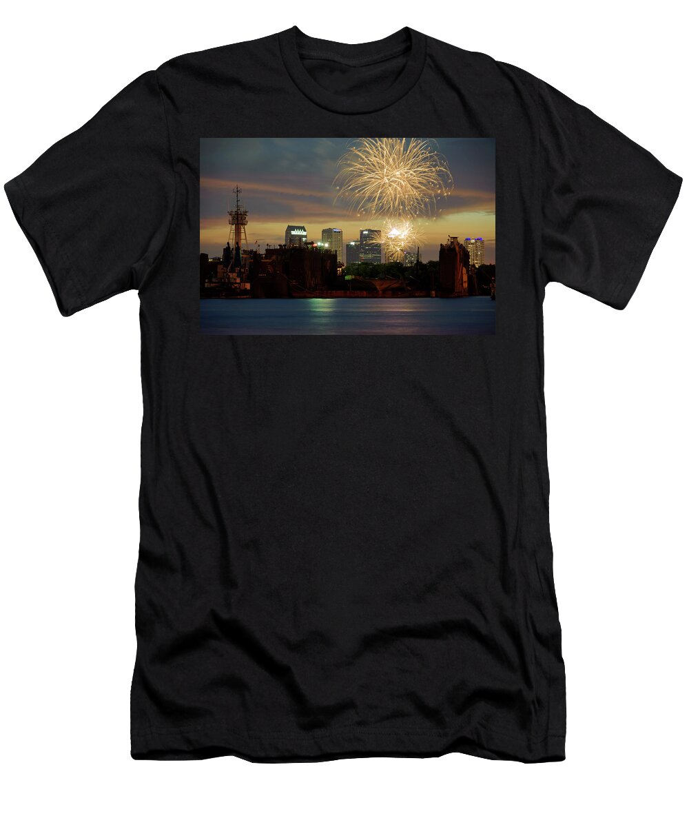 Fireworks T-Shirt featuring the photograph Fireworks over Tampa 2017 II by Daniel Woodrum