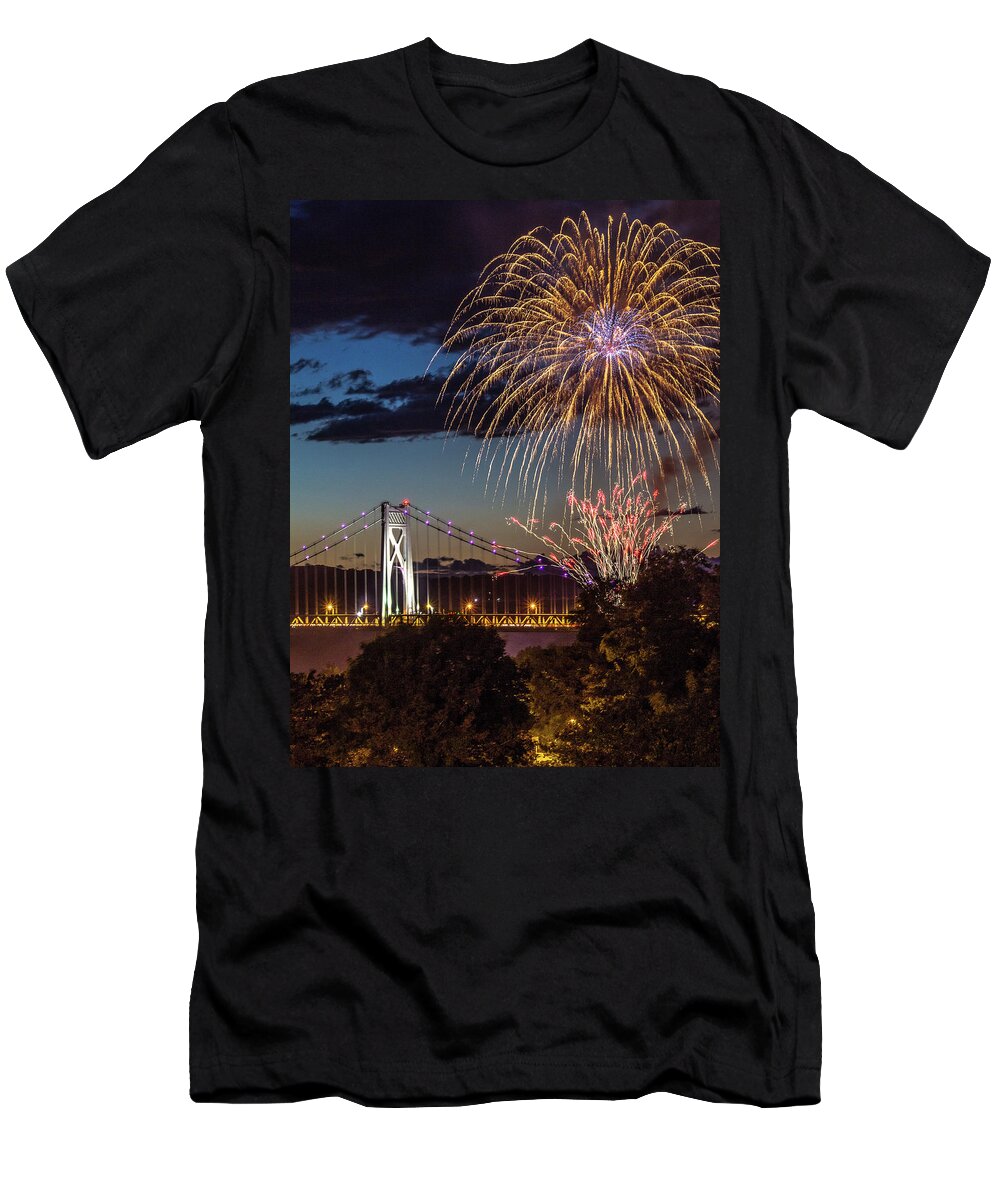 Hudson Valley T-Shirt featuring the photograph Fireworks Over the Mid - Hudson Bridge by John Morzen
