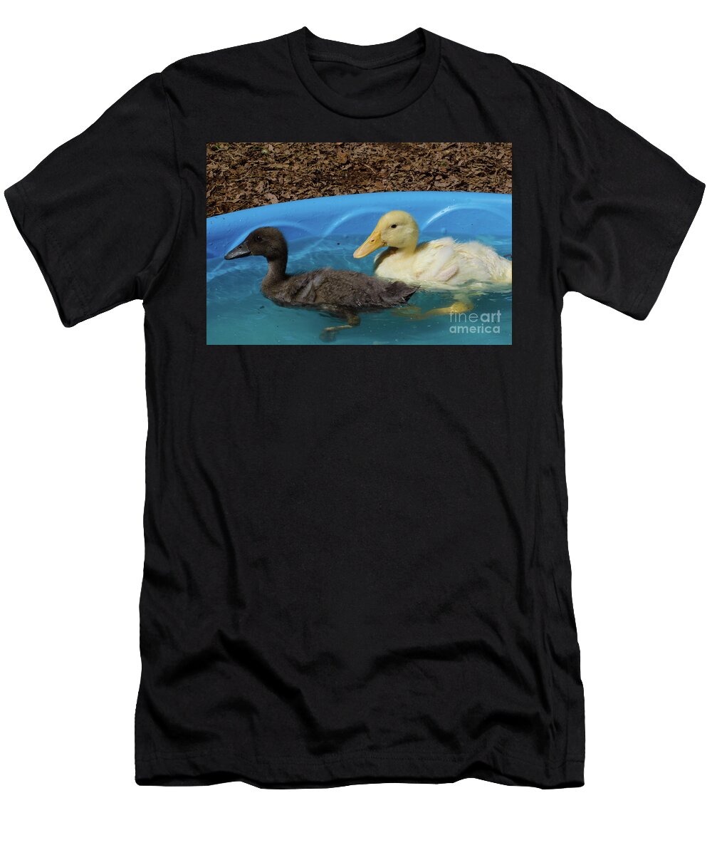 Duck T-Shirt featuring the photograph First Swimming Lesson by Donna Brown