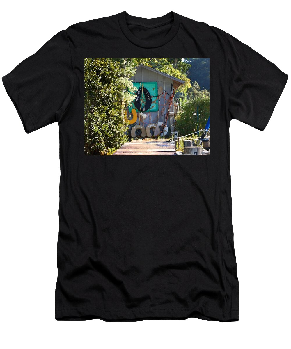 Pelican T-Shirt featuring the digital art Fishing Shack on Fly Creek by Michael Thomas