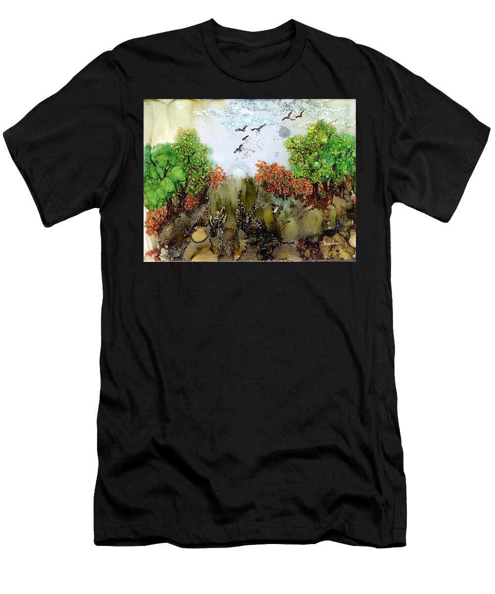 Abstract Landscape T-Shirt featuring the painting Flying to Shangri-La by Charlene Fuhrman-Schulz