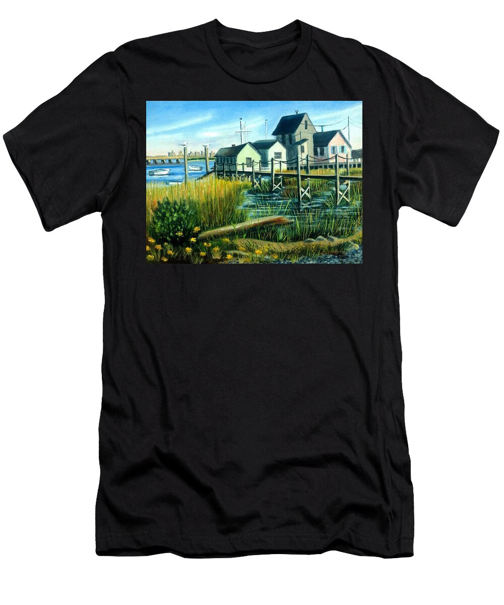 Four Houses On The Water T-Shirt featuring the painting High Tide In Broad Channel, N.Y. by Madeline Lovallo