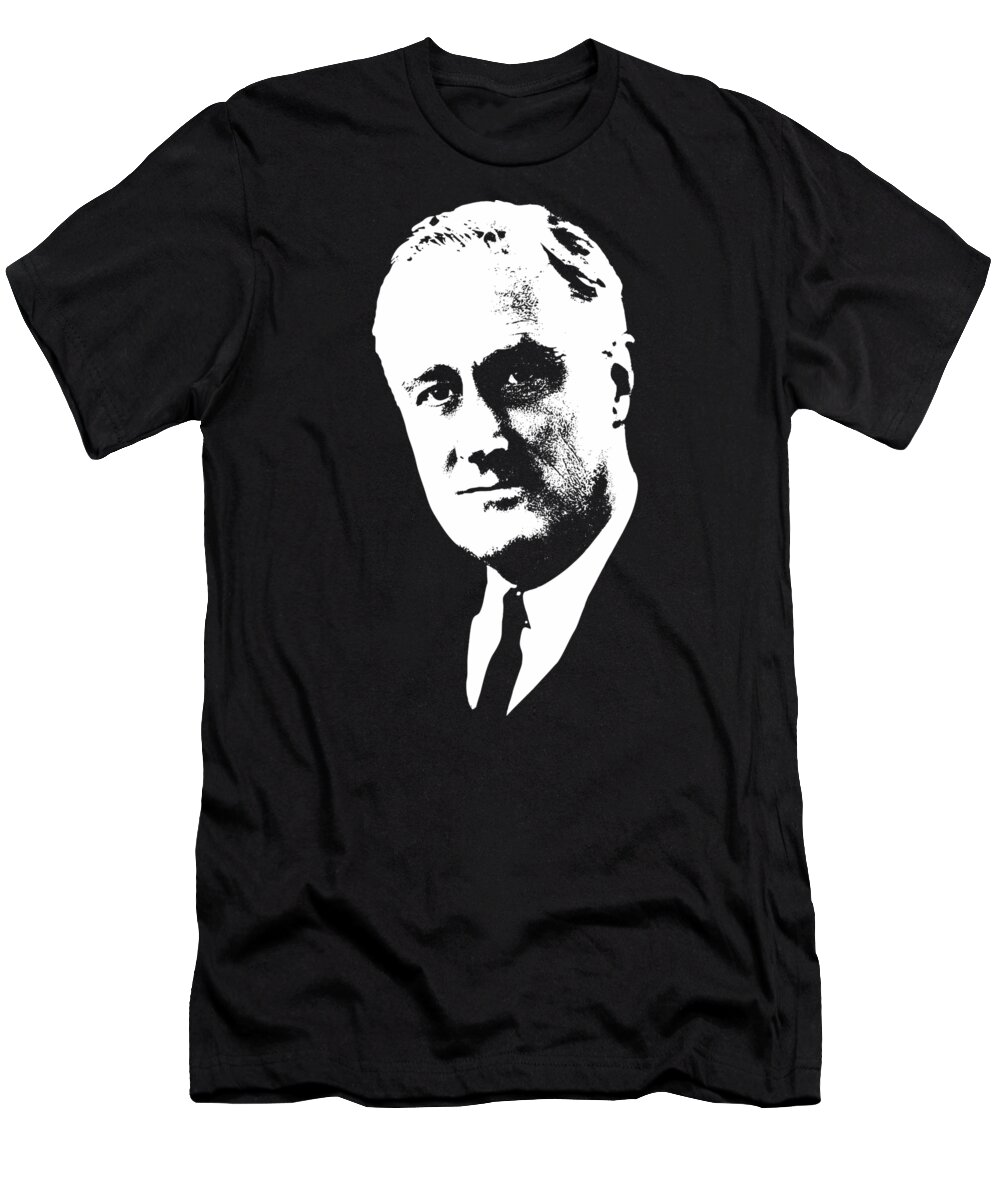 Roosevelt T-Shirt featuring the mixed media Franklin D. Roosevelt White On Black Pop Art by Filip Schpindel