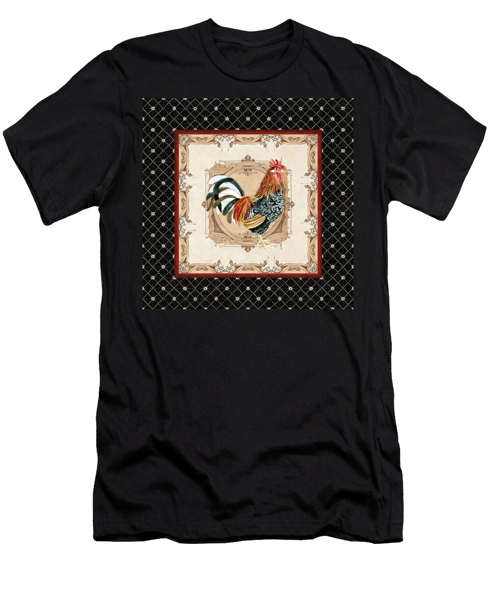 Etched T-Shirt featuring the painting French Country Roosters Quartet Black 1 by Audrey Jeanne Roberts