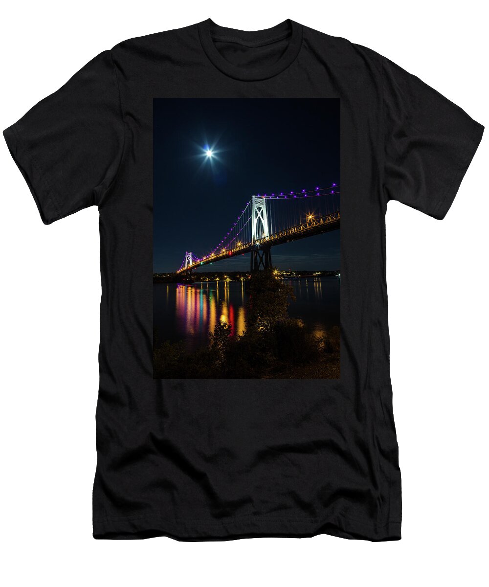 Hudson Valley T-Shirt featuring the photograph Full Moon Over The Mid - Hudson Bridge by John Morzen