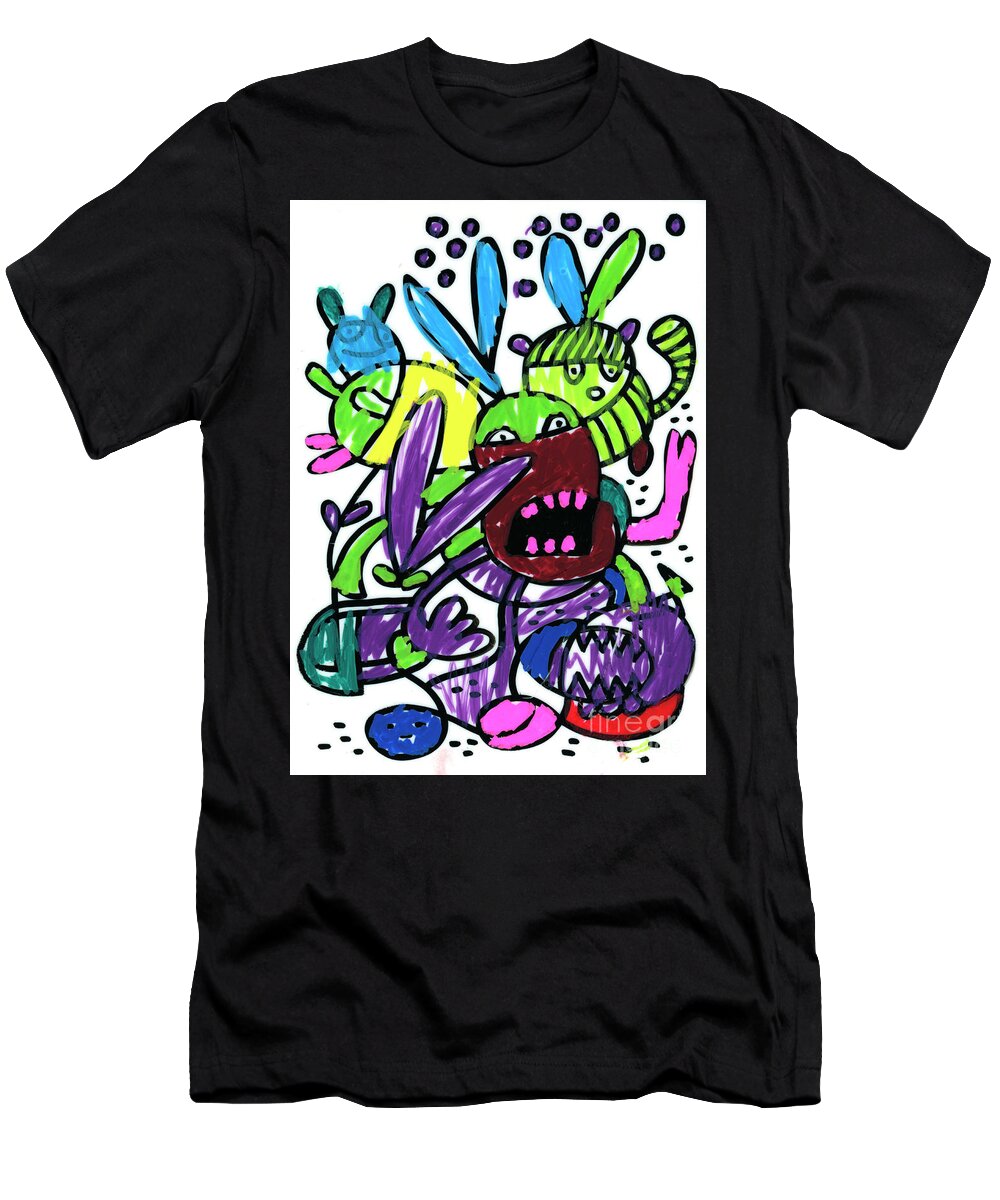Face T-Shirt featuring the digital art Funny Monsters Doodle Colorful Drawing by Frank Ramspott