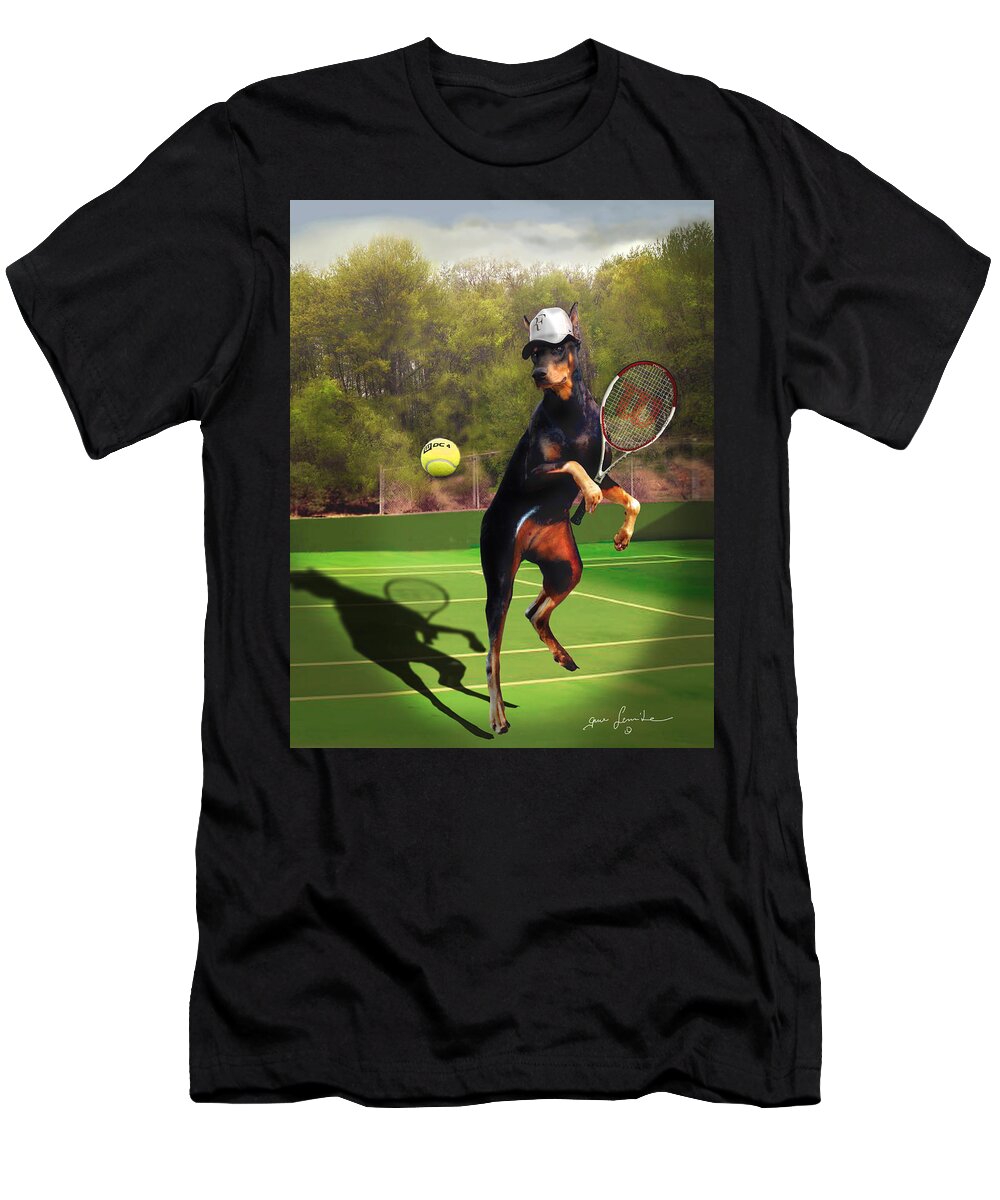 Fine Art T-Shirt featuring the painting funny pet scene tennis playing Doberman by Regina Femrite