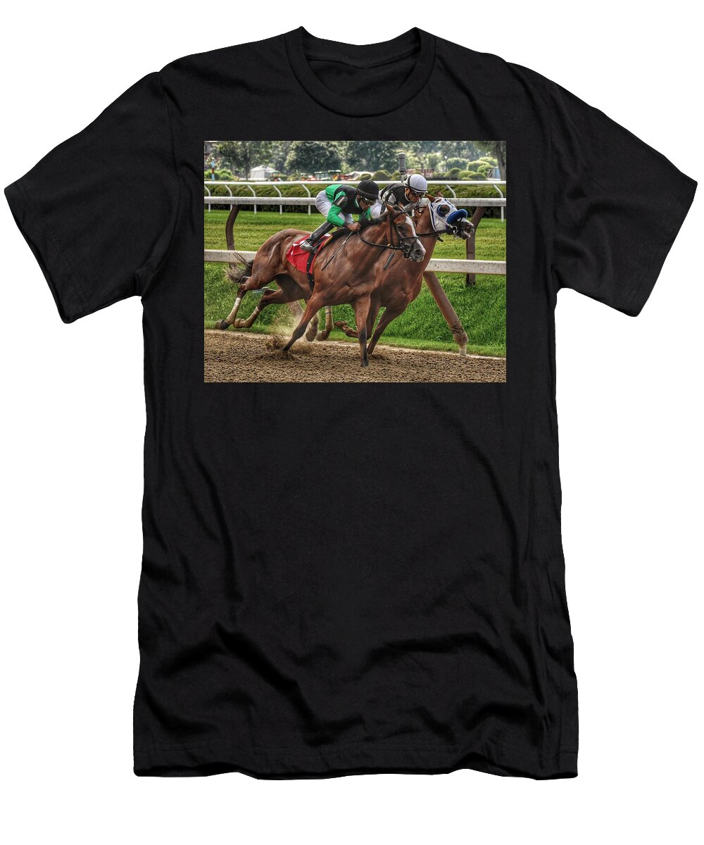 Race Horses T-Shirt featuring the photograph Gaining by Jeffrey PERKINS