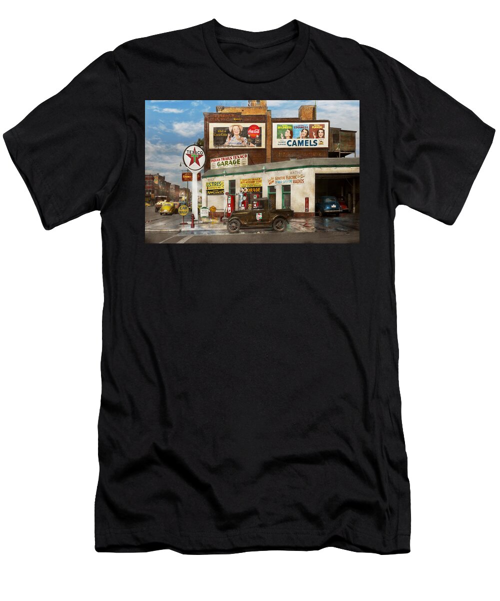 Signs T-Shirt featuring the photograph Gas Station - Benton Harbor MI - Indian Trails gas station 1940 by Mike Savad