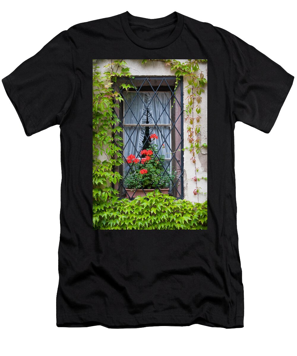 Window T-Shirt featuring the photograph Red flowers in window box by Jenny Setchell