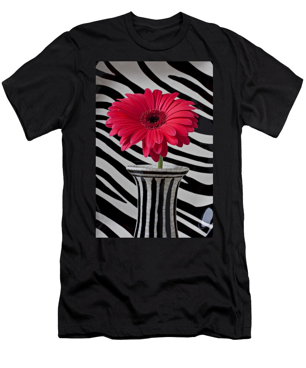Gerbera Daisy Flower Vase Stripes T-Shirt featuring the photograph Gerbera daisy in striped vase by Garry Gay