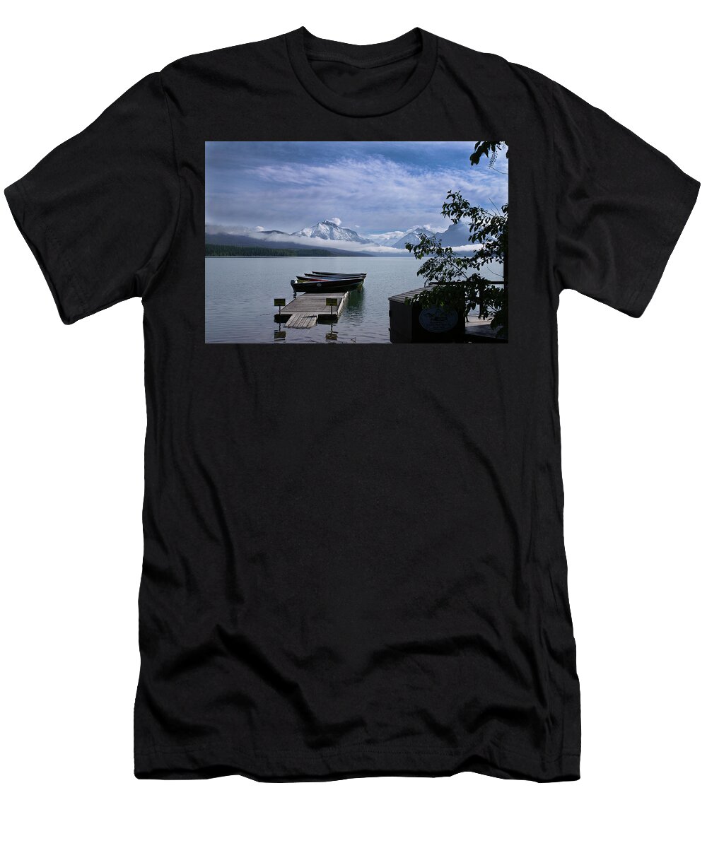 Glacier National Park T-Shirt featuring the photograph Glacier Lake Dock by Linda Steele