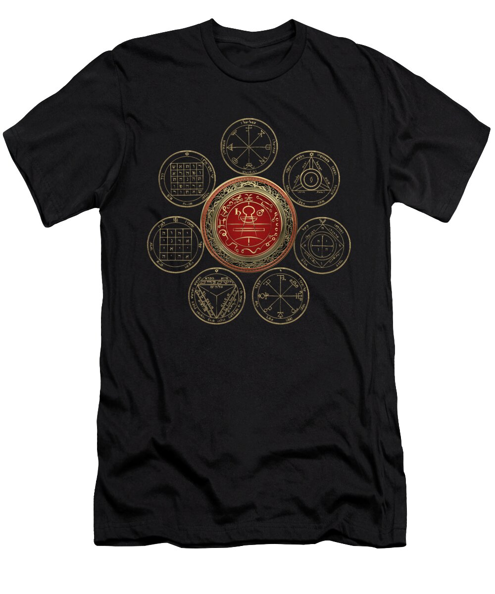 'sacred Symbols' Collection By Serge Averbukh T-Shirt featuring the digital art Gold Seal of Solomon over Seven Pentacles of Saturn on Black Canvas by Serge Averbukh
