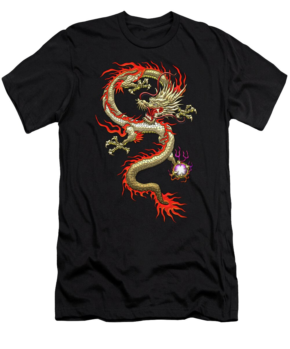 'treasures Of China' Collection By Serge Averbukh T-Shirt featuring the digital art Golden Chinese Dragon Fucanglong on Black Silk by Serge Averbukh