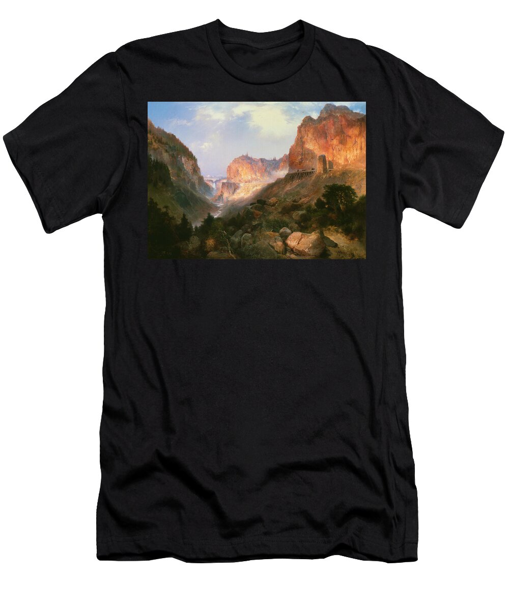 Thomas Moran T-Shirt featuring the painting Golden Gate Yellowstone National Park, from 1893 by Thomas Moran
