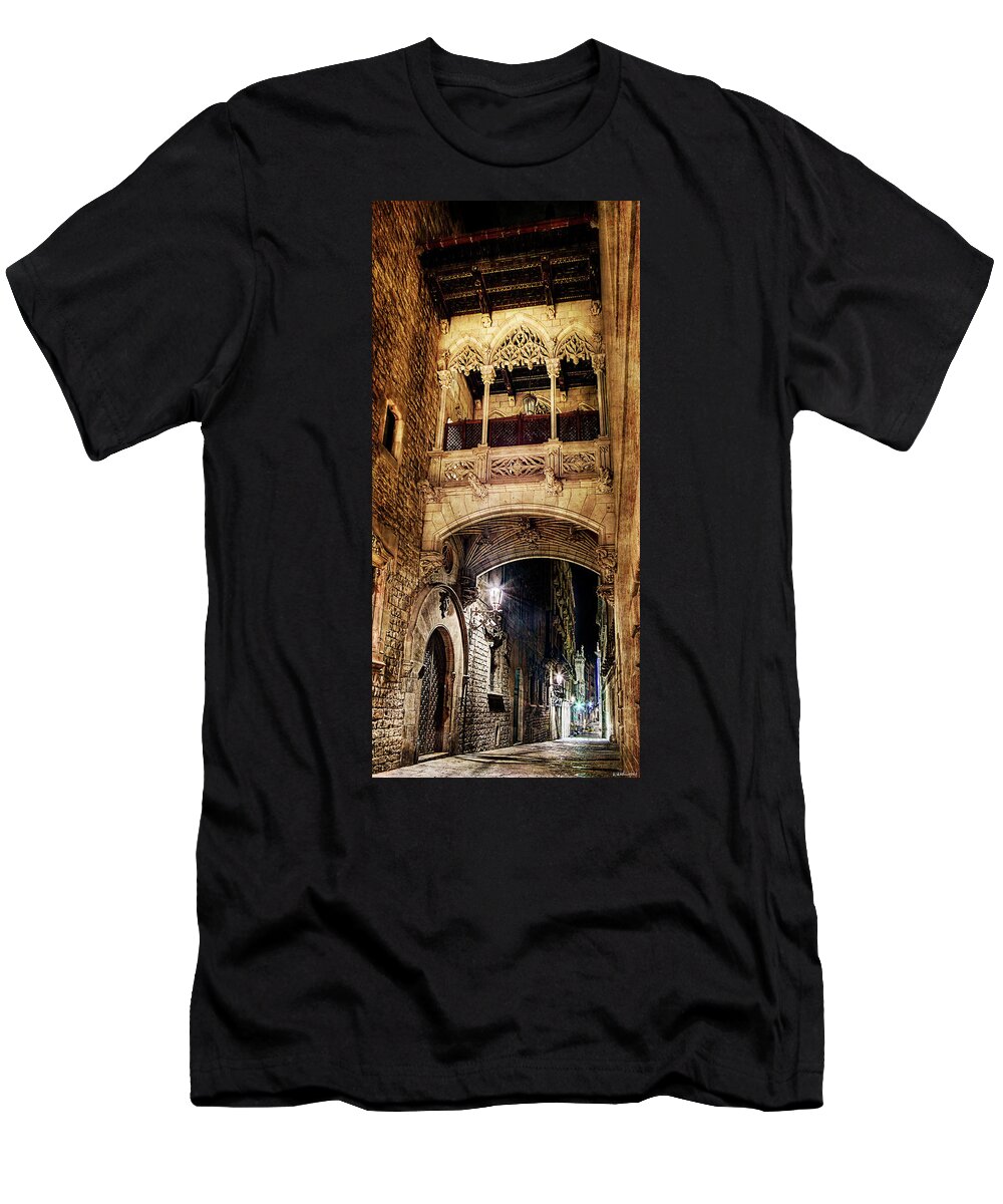 Gothic Quarter T-Shirt featuring the photograph Gothic bridge at night in Barcelona 2 by Weston Westmoreland