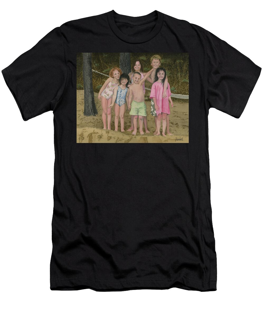 Grandkids T-Shirt featuring the painting Grandkids On The Beach by Ferrel Cordle
