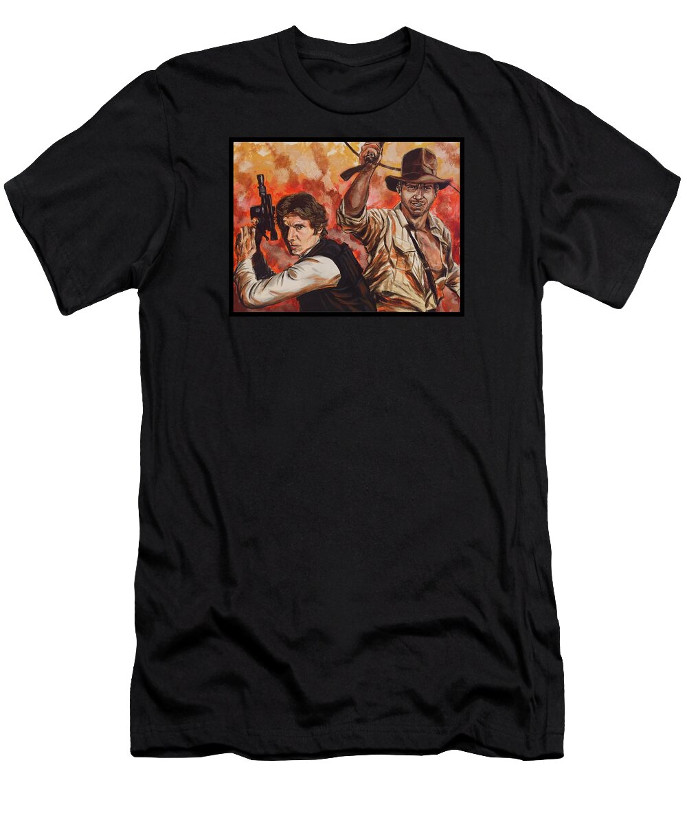 Han Solo T-Shirt featuring the painting Han Solo and Indiana Jones by Joel Tesch