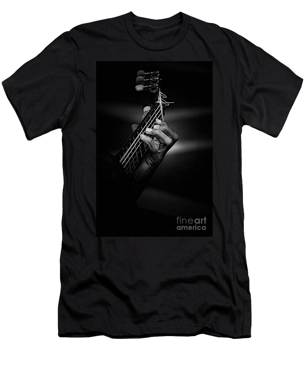 Guitar T-Shirt featuring the photograph Hand of a guitarist in monochrome by Sheila Smart Fine Art Photography