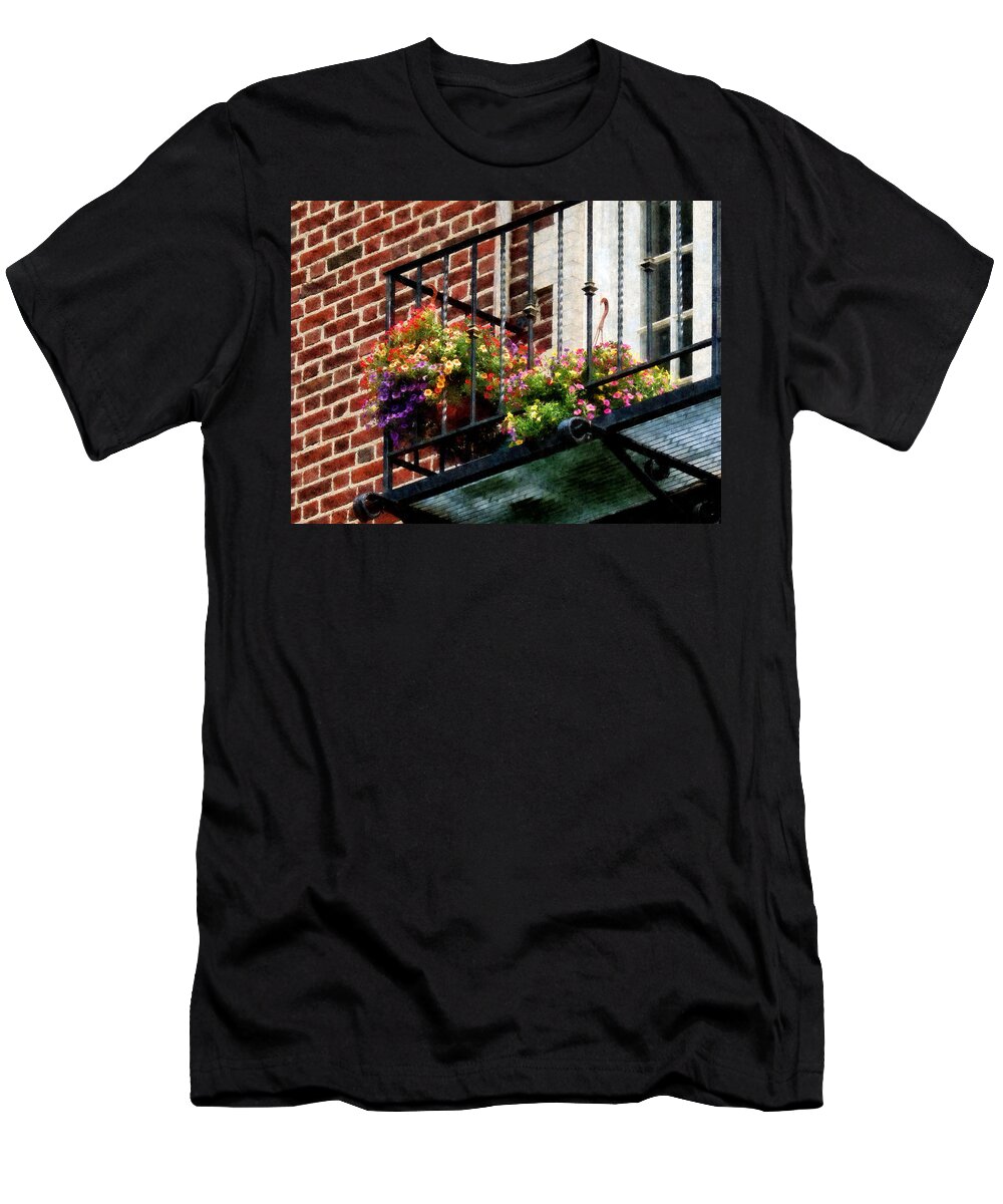 Fire Escape T-Shirt featuring the photograph Hanging Basket on Fire Escape by Susan Savad