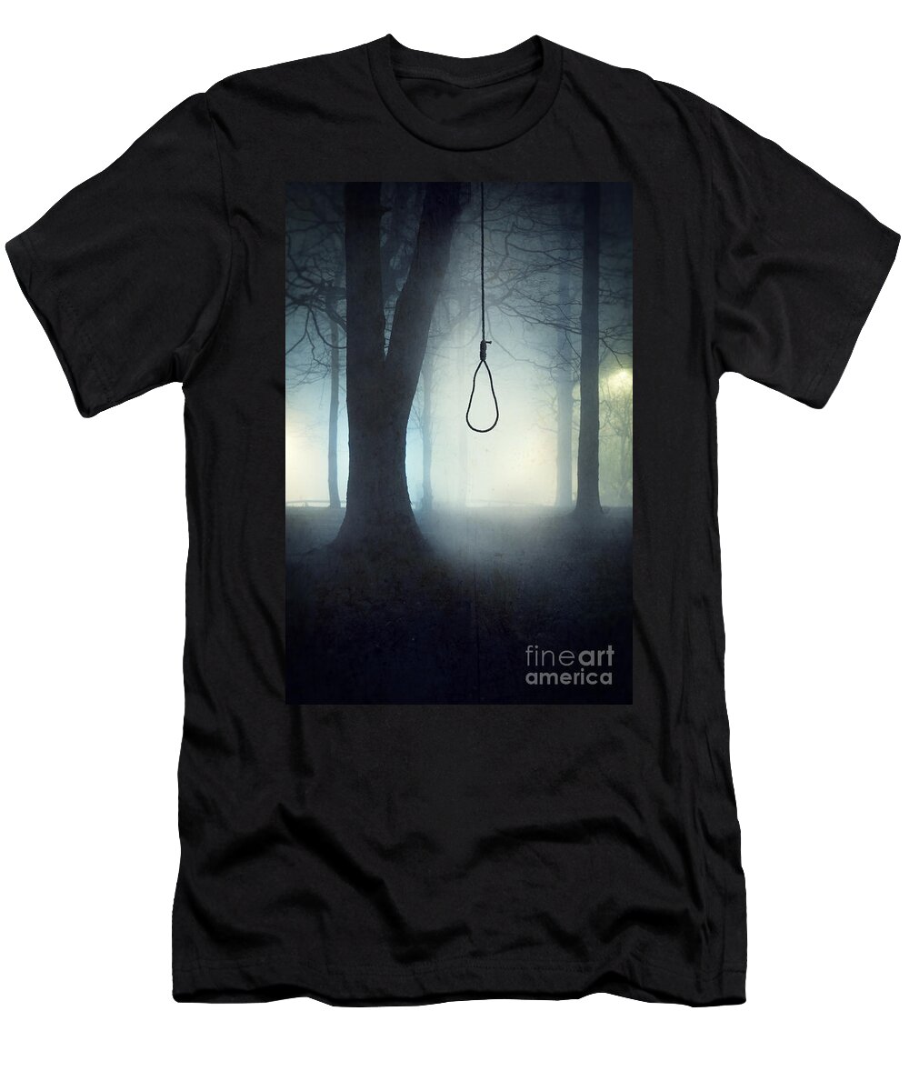 Hangmans T-Shirt featuring the photograph Hangmans Noose Hanging From A Tree In Fog by Lee Avison