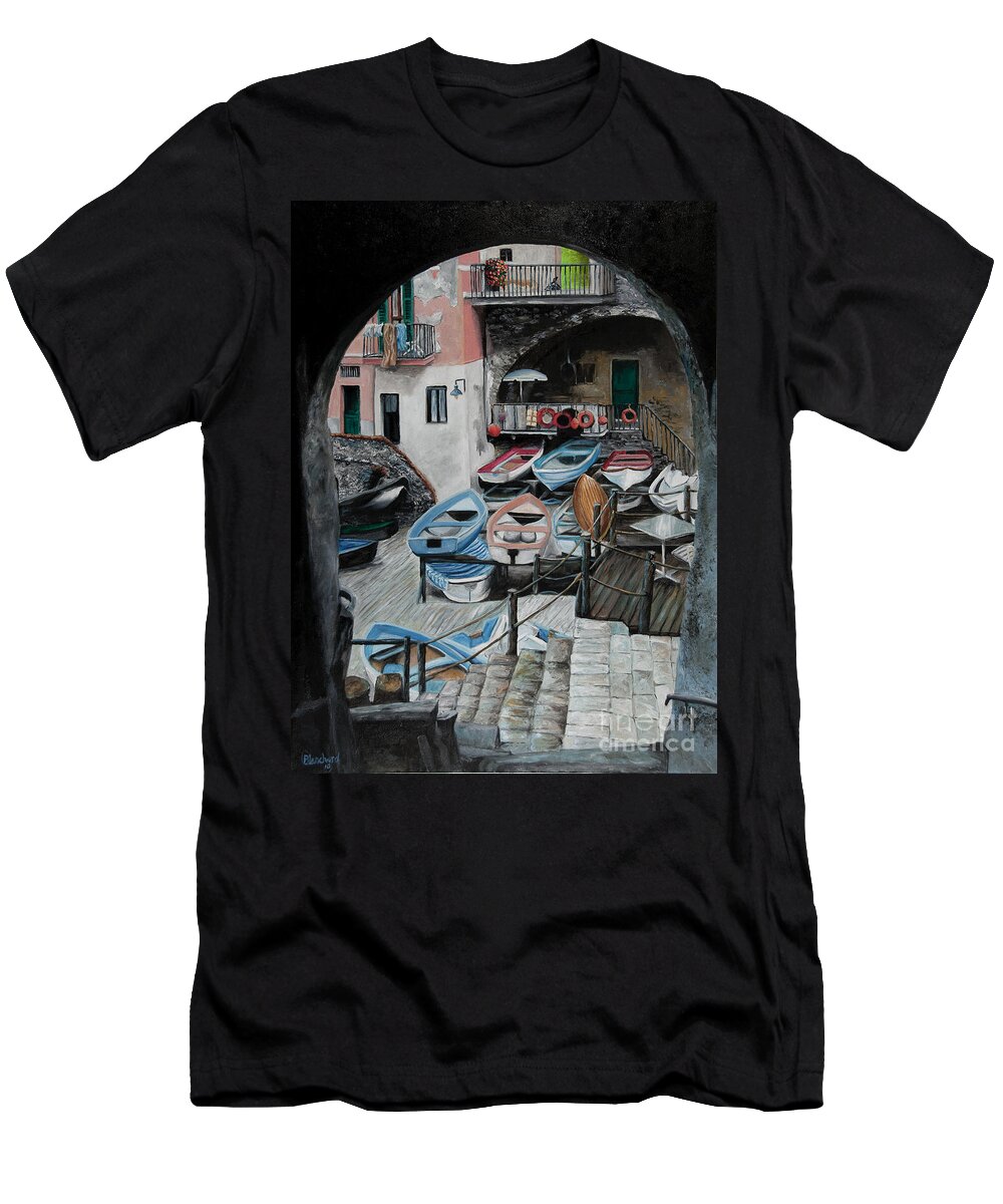 Cinque Terre T-Shirt featuring the painting Harbor's Edge In Riomaggiore by Charlotte Blanchard