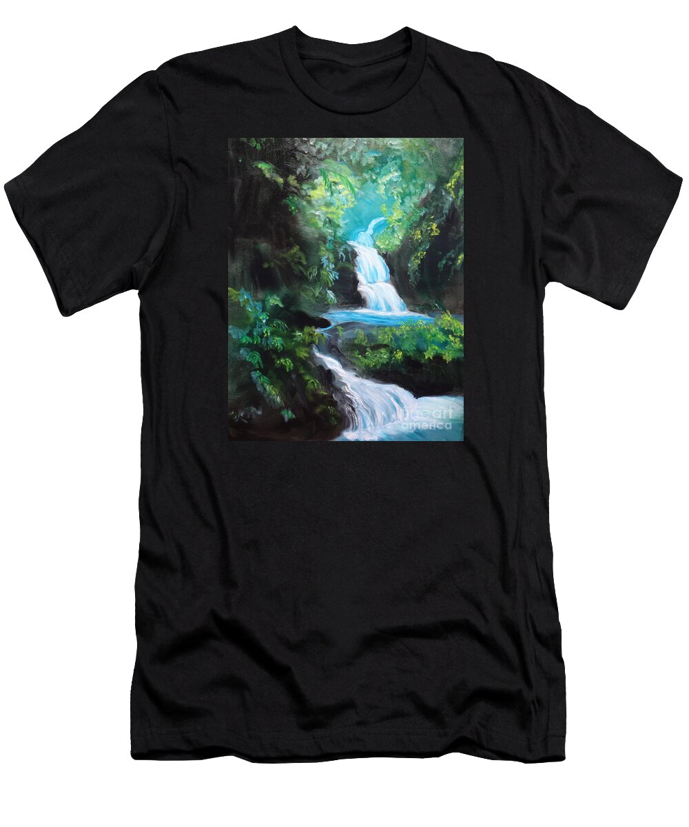 Waterfalls T-Shirt featuring the painting Hawaiian Waterfalls by Jenny Lee