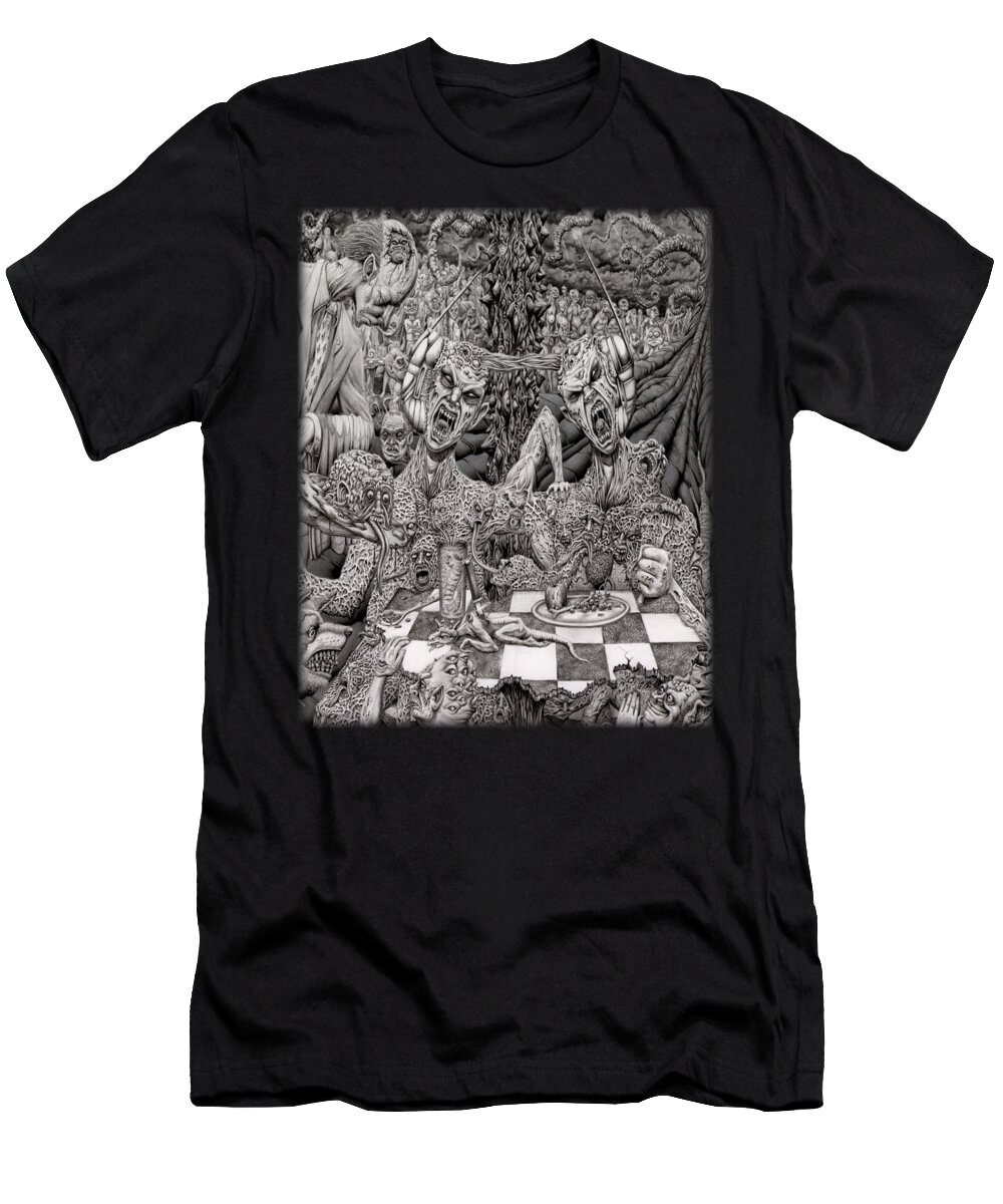 Graphite Drawing Creatures Monstrosity Gore Hell Food Dinner Diner Mutation Psychosis Mentally Deranged Greyscale Surreal Detailed Horror T-Shirt featuring the drawing Nightmare Diner by Mark Cooper
