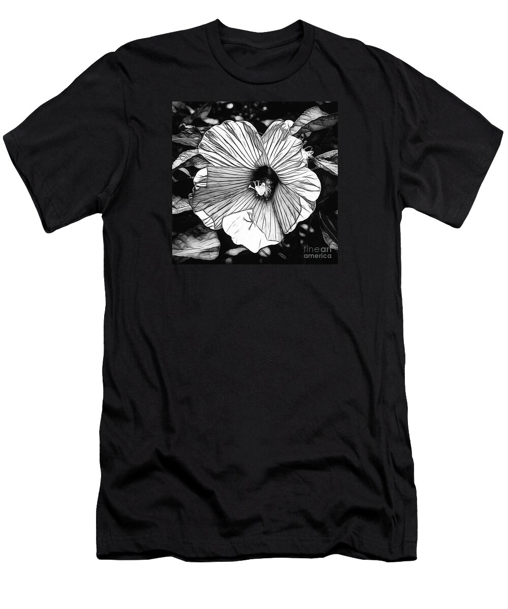 Hibiscus Drawing T-Shirt featuring the photograph Hibiscus in Black and White by Luther Fine Art
