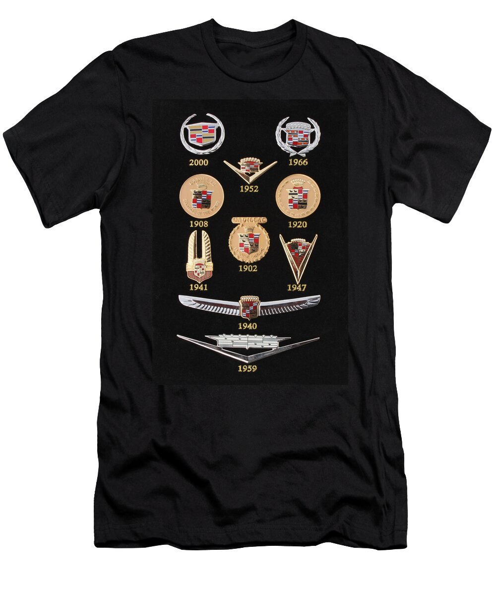 Cadillac T-Shirt featuring the photograph Historical Display Cadillac Crests Emblems by Carl Deaville