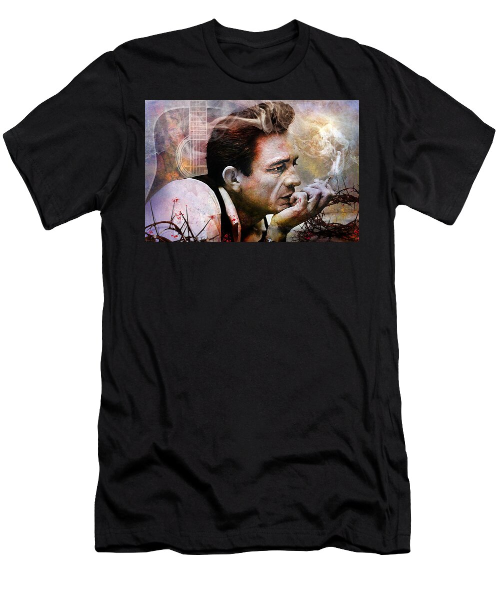 Johnny Cash T-Shirt featuring the mixed media I Focus on the Pain by Mal Bray