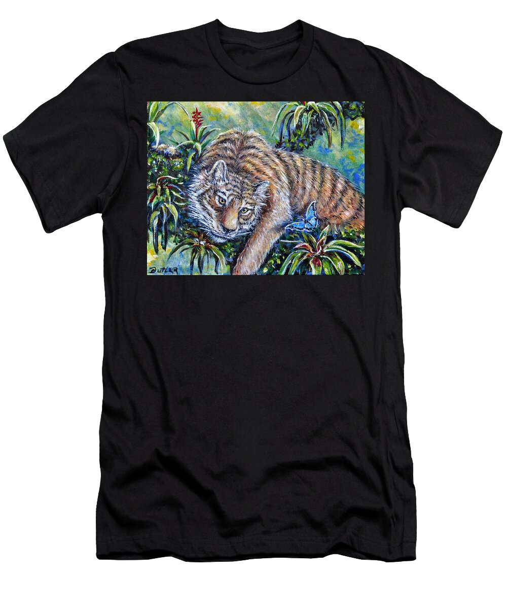 Nature Tiger Rainforest Butterfly T-Shirt featuring the painting In The Eye Of The Tiger by Gail Butler