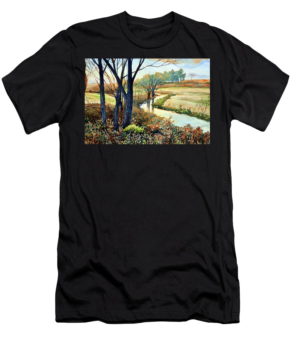 #watercolor #nature #landscape #stream #river #wild #green #sunset #art #painting T-Shirt featuring the painting In the Wilds by Mick Williams
