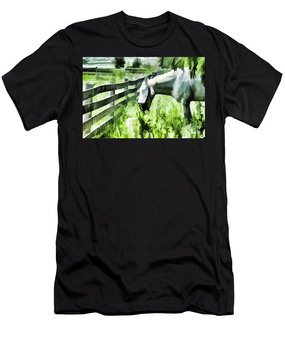 Horse T-Shirt featuring the digital art Iowa Farm Pasture and White Horse by Wilma Birdwell