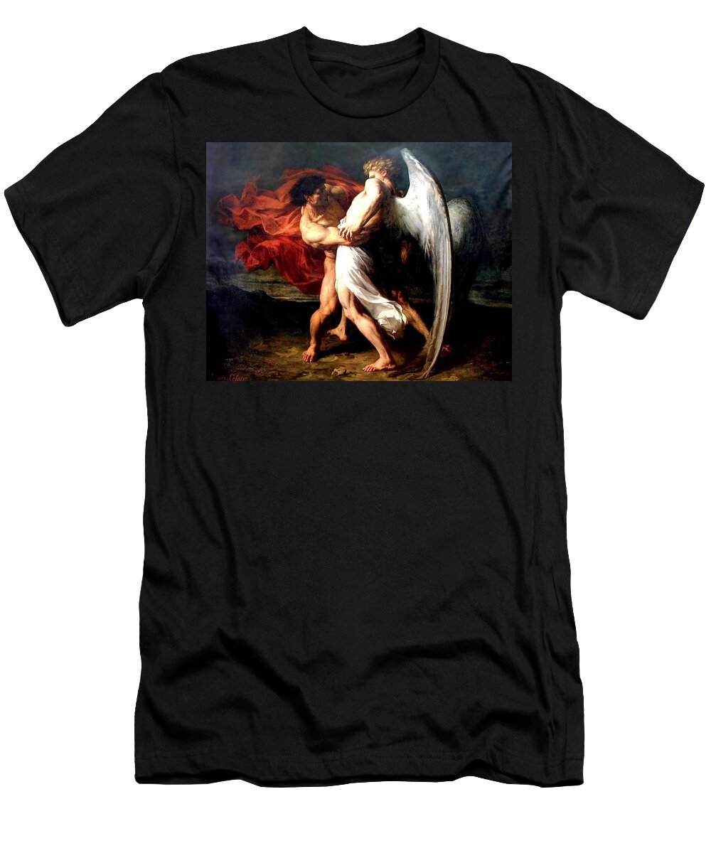Jacob Wrestling With The Angel T-Shirt featuring the painting Jacob Wrestling with the Angel by Alexander Louis Leloir