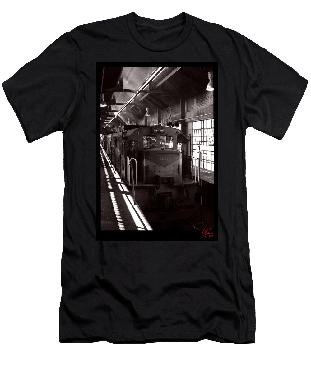 Kimberley Train Shed Black And White T-Shirt featuring the digital art Kimberley train shed black and white by Vincent Franco