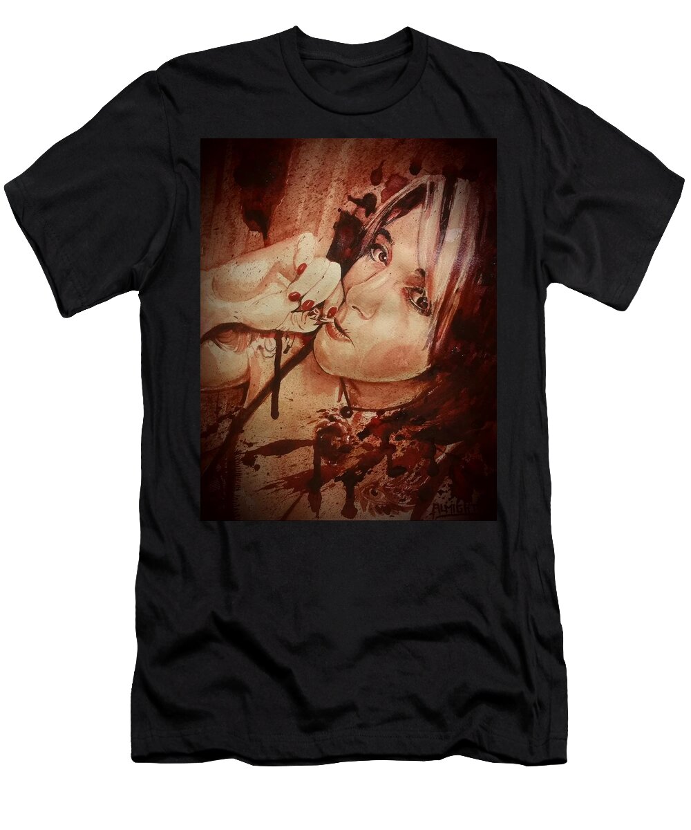  T-Shirt featuring the painting Lady And The Joint by Ryan Almighty