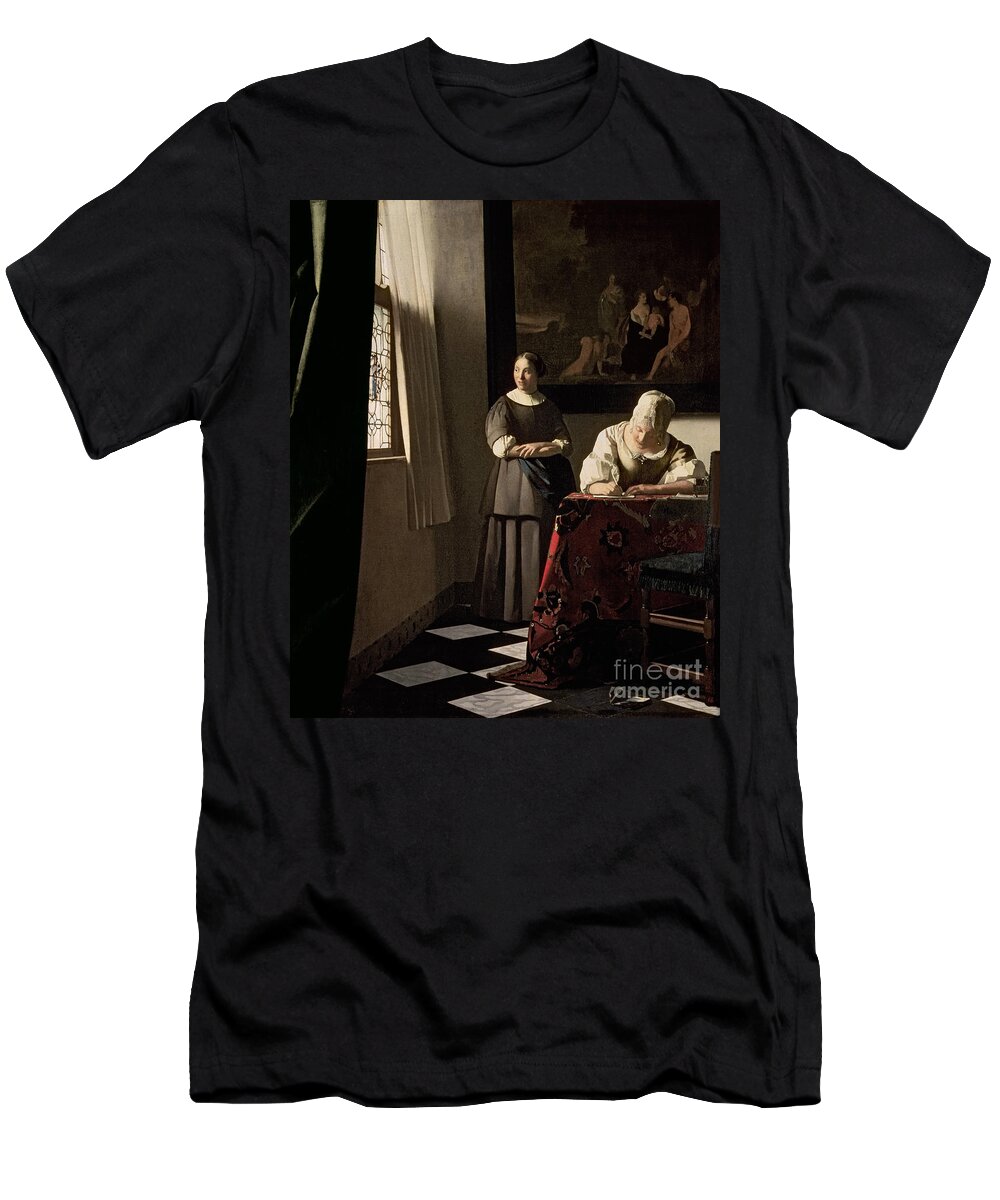 Vermeer T-Shirt featuring the painting Lady writing a letter with her Maid by Jan Vermeer