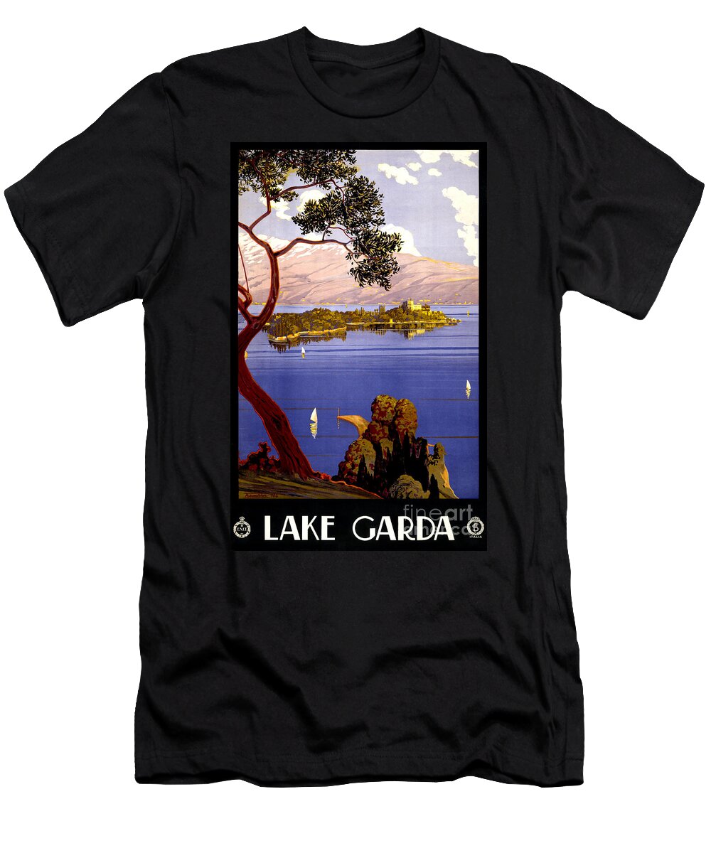 Lake Garda T-Shirt featuring the painting Lake Garda Vintage Poster Restored by Vintage Treasure