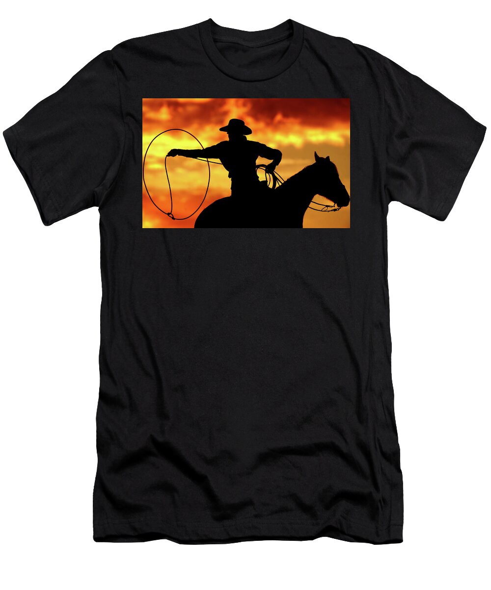 Cowboy T-Shirt featuring the photograph Lasso Sunset Cowboy by Shawn Hamilton